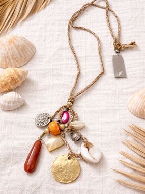 J. Jill Coastal Charm Necklace Shell Coin Tassel Cord Boho Adjustable NWT